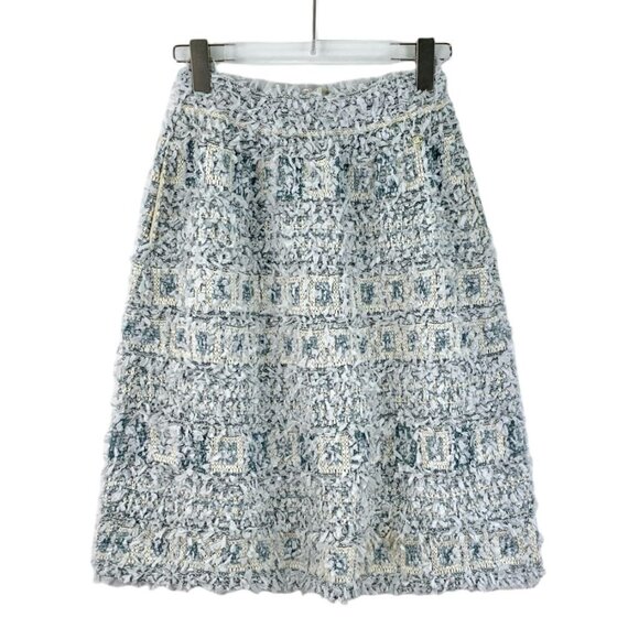 Chanel Light Blue Cotton Fringed Floral Patchwork Tweed Skirt Size 34 XXS Made I - Picture 1 of 7